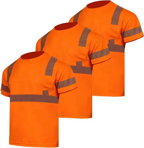 FONIRRA Hi Vis - Camisetas de seguridad con bolsillo para hombre, manga larga, reflectante, ANSI Clase 2, para trabajo Naranja_3 piezas