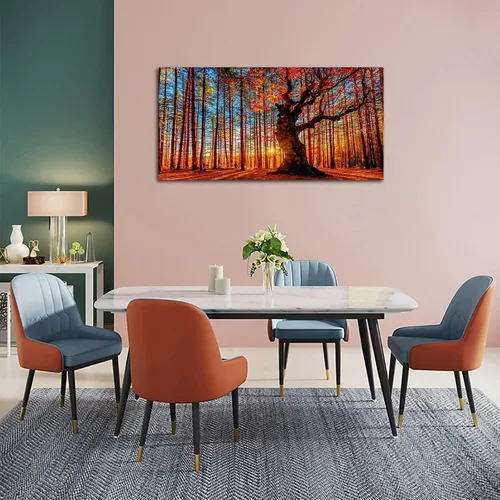 Miniatura 5 de Arte de pared de bosque al atardecer, cuadros de árboles de hojas rojas, paisaje, lienzo, obra de arte contemporánea, pintura de naturaleza impresa