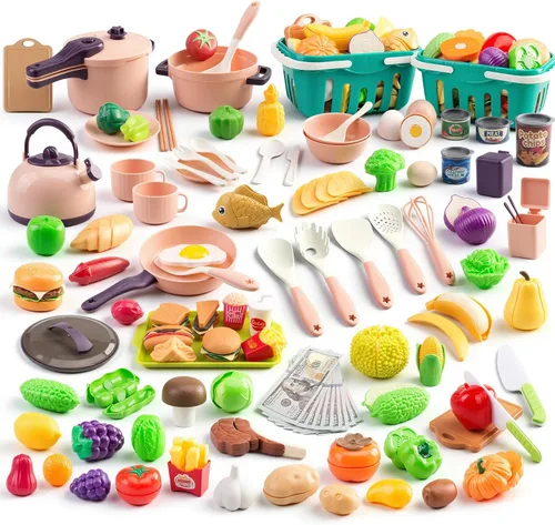 Miniatura 17 de 118 piezas de accesorios mini para cocina de juego para niños, juego de cocina de simulación con utensilios de cocina, vajilla y 2 juegos de frutas