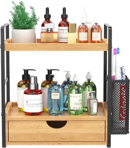 Miniatura 10 de LEMIKKLE Organizador de Baño para Encimera, Organizador de Mostrador para Decoración de Baño, Estante de Fregadero de Madera para Almacenamiento