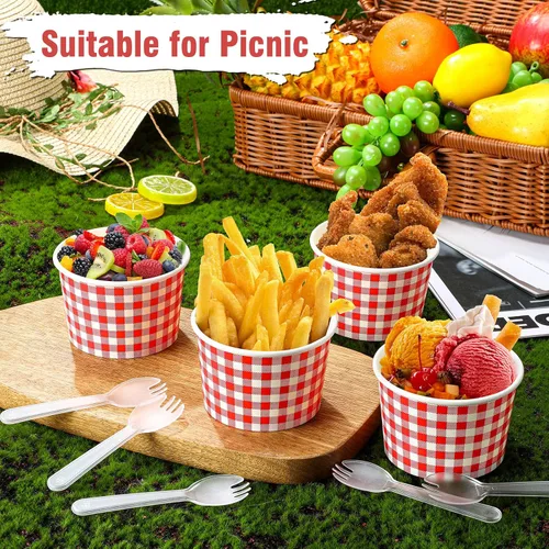 Miniatura 5 de Tessco for you Paquete de 100 tazas de helado a cuadros rojos y blancos con cucharas de plástico de 12 onzas desechables de papel a cuadros