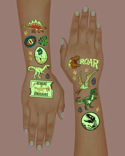 Miniatura 4 de xo, Fetti Tatuajes temporales de dinosaurios - 44 piezas que brillan en la oscuridad Suministros para fiesta de cumpleaños, recuerdos de fiesta