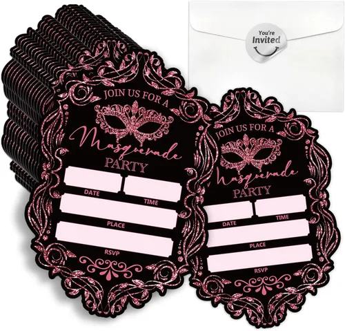 Miniatura 10 de Invitaciones para fiesta de máscaras, invitaciones de fiesta de Mardi Gras, 15 tarjetas y sobres, diseño floral moderno, unisex, adultos, ocasión