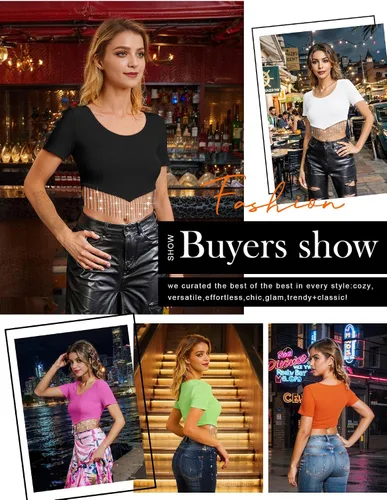 Miniatura 4 de Dresswel Nashville - Blusa corta brillante de manga corta con flecos de diamantes de imitación para verano, blusa corta con borlas y purpurina