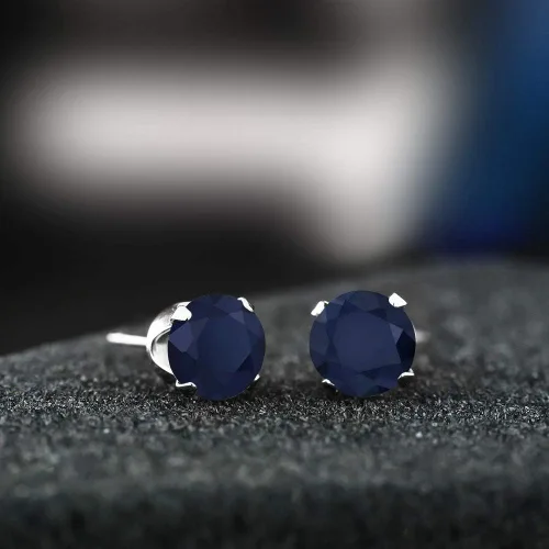 Miniatura 6 de Aretes de oro blanco de 10K genuino con perno de 4puntas (2,12quilates, 6mm, redondo), de zafiro color azul