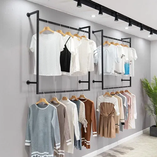 Miniatura 2 de zktoermn Perchero de ropa montado en la pared, estante industrial de metal para ropa, estante de doble barra para colgar ropa, estante de tubería