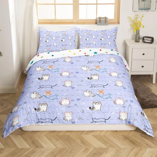 Miniatura 11 de Erosebridal Juego de funda de edredón con diseño de gato y fresa, tamaño individual, diseño de caricaturas, arcoíris, con temática de animales
