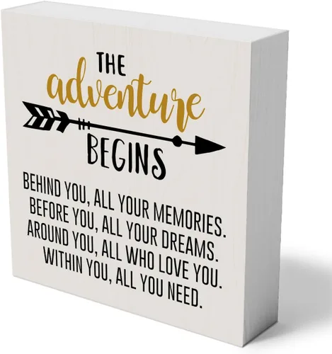 mmiishe Letrero de madera con texto en inglés «The Adventure Begins», decoración de pared para acampar en el hogar, 5 x 5 pulgadas, diseño rústico