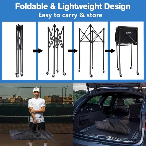 Miniatura 5 de Tolva portátil de pickleball y pelota de tenis con ruedas, carrito de enseñanza de pelotas deportivas plegables, organizador de sóftbol ligero