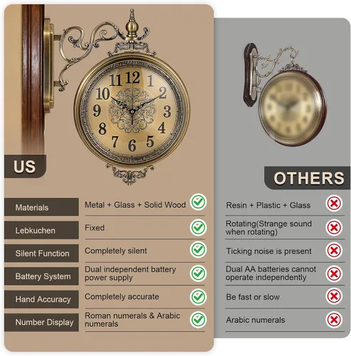 Miniatura 5 de Reloj de pared grande vintage de doble cara con cristal y metal, números romanos y árabes, silencioso sin tictac, funciona con pilas, reloj antiguo