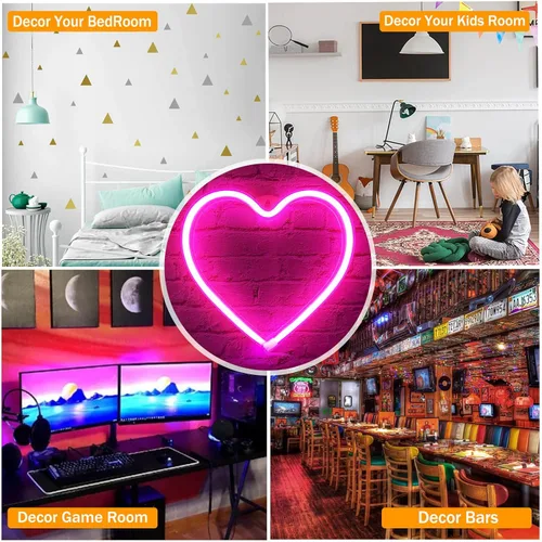 Miniatura 6 de Luces de corazón de neón – Lámpara de corazón LED rosa, decoración para el hogar, regalos colgantes, funciona con USB / pilas para dormitorio, sala