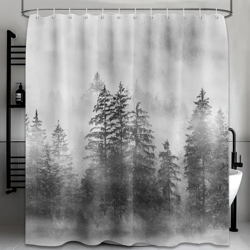 Miniatura 12 de Cortina de ducha estrecha para hombre, diseño de bosque negro y gris, para casa rodante, juego de decoración de baño, tela impermeable con ganchos