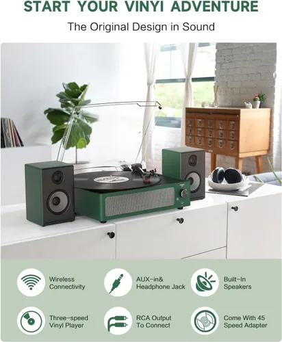 Miniatura 6 de Tocadiscos de vinilo con altavoces, receptor inalámbrico de 3 velocidades, fonógrafo LP de transmisión por correa, auriculares AUX RCA, parada Verde