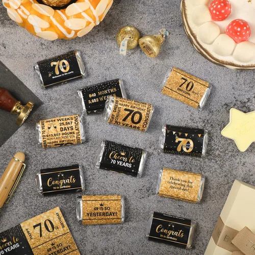 Miniatura 3 de Tenare 180 calcomanías de cumpleaños número 70, color negro y dorado con texto en inglés "Cheers to 70" (Cheers to 70 años), para fiestas