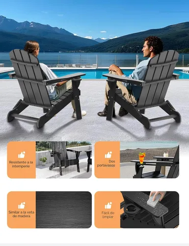 Miniatura 4 de Silla Adirondack Plegable, Sillas Adirondack de Plástico con Textura de Madera con 2 Portavasos, Silla para Hoguera de HDPE Resistente a