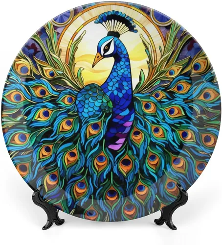 Platos decorativos bohemios de pavo real con estampado de vitrales, platos de cerámica para decoración del hogar, exhibición de platos llanos para