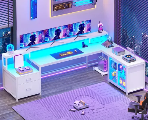 Miniatura 10 de SEDETA Escritorio para juegos en forma de L, escritorio grande para computadora de 78.7 pulgadas con cajones, toma de corriente y luz LED, Negro