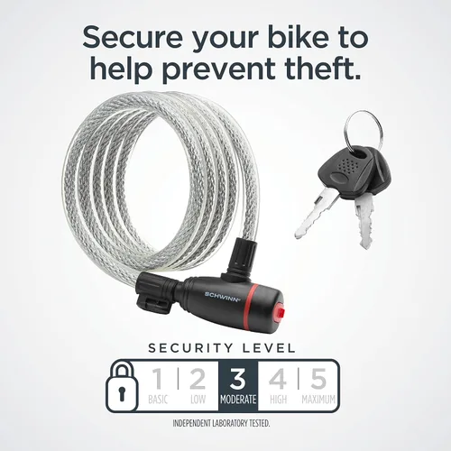 Miniatura 2 de Candado de cable para bicicleta Schwinn con llaves, 1.83 m x 12 mm, Negro y Plata, Acero duradero, Cubierta protectora de vinilo, Soporte
