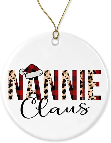 Adorno de Navidad de leopardo Nannie Claus, adorno de Navidad a cuadros de búfalo rojo para Nannie, adorno familiar de Navidad impreso en ambos lados