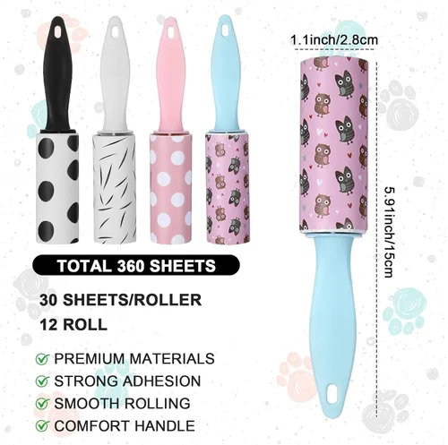 Miniatura 2 de 12 unidades de mini rodillo de pelusa de 360 hojas para pelo de mascotas, extra pegajoso, tamaño de viaje, removedor de pelo de mascotas, rodillo