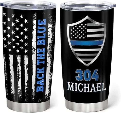 Miniatura 7 de Hyturtle Vaso de policía personalizado para hombres, bandera de línea azul delgada para el día del padre, regalos de policía para jubilación