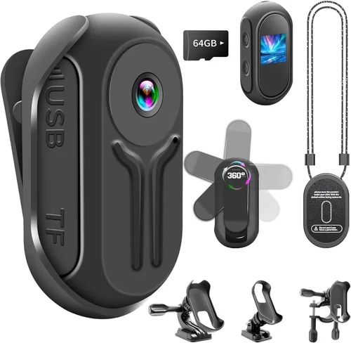 Mini cámara corporal mejorada de 1080P con tarjeta de 64 GB, cámaras de acción deportiva, cámara corporal manos libres con clip trasero magnético,