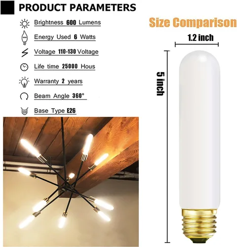 Miniatura 2 de Leools Bombilla LED T10 de 6 pulgadas, base E26, ópalo mate, porcelana, blanco cálido, 2700 K, regulable, Edison 8 W, bombilla tubular LED, 600 T10