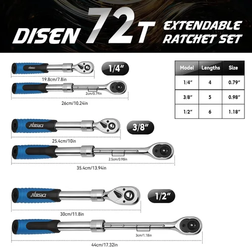 Miniatura 6 de DISEN Juego de 3 Llaves de Trinquete Extensibles, Impulso de 1/4" 3/8" 1/2", 72 Dientes, Liberación Rápida, Llaves de Vaso con Impulso Reversible