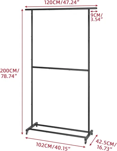 Miniatura 4 de Sywhitta Perchero de Ropa de Doble Barra Rodante, Organizador de Ropa con Ruedas para Colgar Ropa, Fácil de Ensamblar, Ajustable, Negro