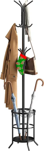 Perchero independiente con soporte para paraguas, perchero con 12 ganchos, abrigo de metal, abrigo de árbol y sombrero, chaqueta de entrada (negro)