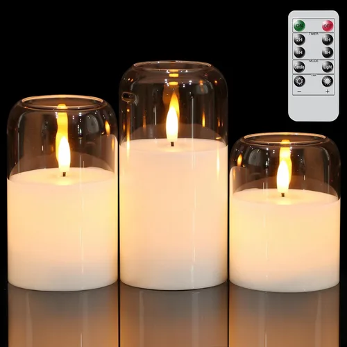 Miniatura 11 de GenSwin - Velas LED sin llama de cristal transparente que funcionan con batería, con control remoto de 10 teclas y temporizador, velas de cera real