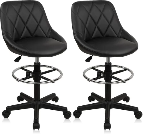 Miniatura 15 de KLASIKA Taburete alto con ruedas de dibujo con soporte de respaldo bajo y anillos ajustables para reposapiés, juego de 2 sillas de escritorio negro