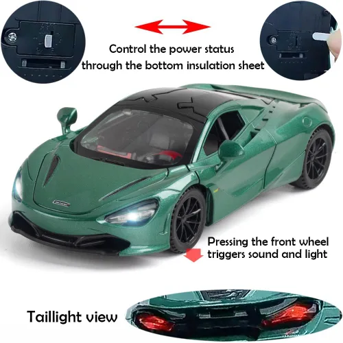 Miniatura 4 de Aleación coleccionable verde 720s modelo de coche de juguete tire hacia atrás vehículo DieCast con luces y sonido