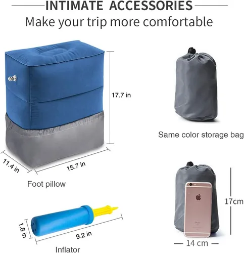 Miniatura 3 de ZIQIAN Almohada inflable de viaje con reposapiés, portátil, ajustable, de tres capas, para aviones, automóviles, hogar, trenes, oficina para Azul