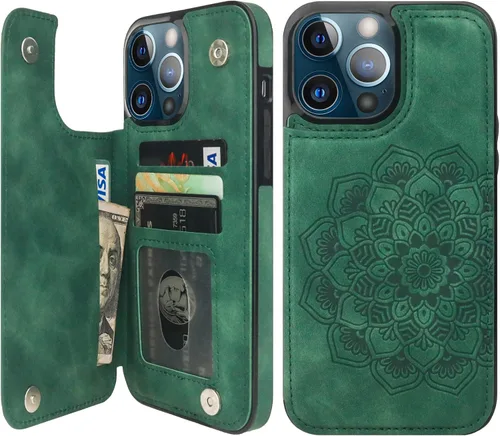 Miniatura 12 de Vaburs Funda compatible con iPhone 13 Pro Max con tarjetero y diseño de mandala en relieve, de piel sintética, doble botones, a prueba de golpes