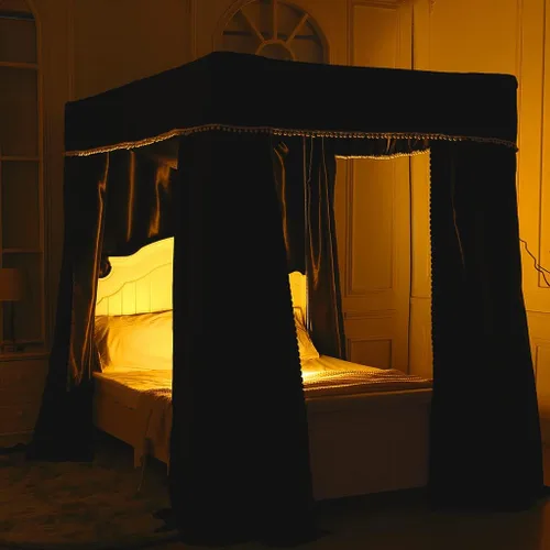 Miniatura 24 de Obokidly Elegante cortina opaca de estrella negra con borde de bola blanca de 4 postes en las esquinas, decoración de dormitorio para adultos