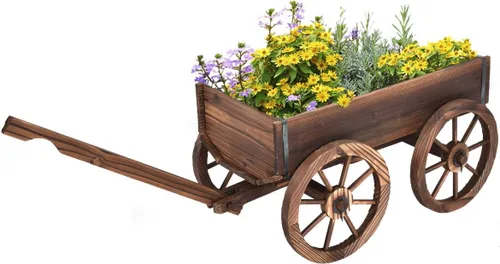HAPPYGRILL Carro de madera, soporte decorativo para macetas con 4 ruedas y agujeros de drenaje, maceta de carro al aire libre para patio, patio
