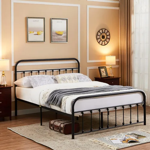 Miniatura 5 de VECELO Base de cama, plataforma de metal tamaño Queen con cabecero y estribo, base de colchón de soporte de listones de acero de alta calidad,