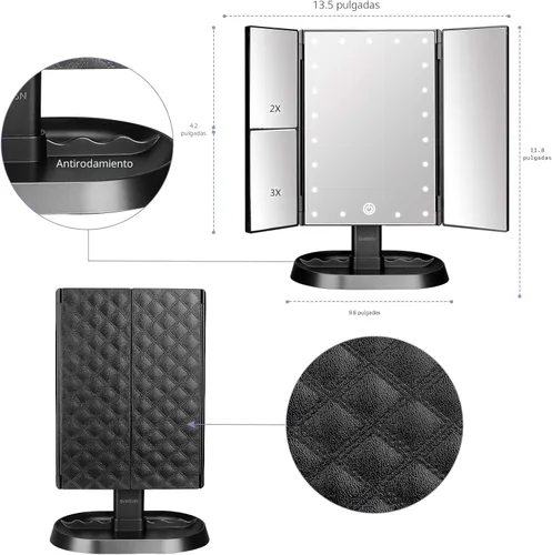 Miniatura 2 de deweisn Espejo de maquillaje con iluminación triple con 21 luces LED, aumento 1x/2x/3x y atenuación de pantalla táctil, dos fuentes de alimentación