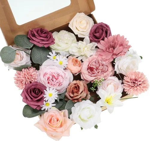 Miniatura 8 de PATIKIL Juego de cajas combinadas de flores artificiales, mezcla de seda con tallos de flores artificiales para ramos de bricolaje, decoración