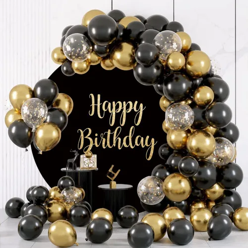 Miniatura 3 de Telón de fondo redondo de feliz cumpleaños negro de 5 x 5 pies, color negro sólido, palabras doradas, fondo de fotografía para adultos, hombres