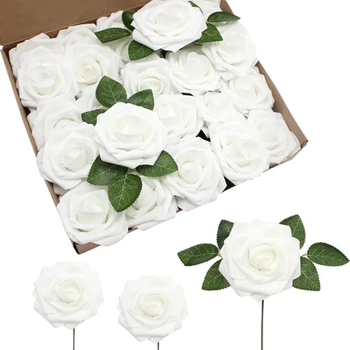 Flores Artificiales Rosas Realistas, 100 pcs Rosas Falsas de Aspecto Real con Tallo para Ramos de Boda DIY Centros de Mesa Despedidas de Soltera
