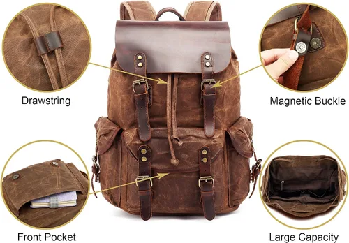 Miniatura 3 de HuaChen Mochila vintage de lona encerada con solapa de cuero genuino, mochila de viaje y trabajo, mochila resistente al agua con bolsillo antirrobo