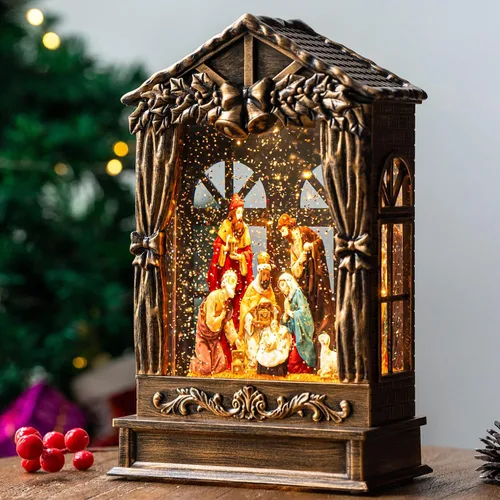 Miniatura 11 de Globo de nieve navideño iluminado con pesebre y escena del nacimiento, musical de la Sagrada Familia, agua y cuna con música silenciosa de la noche
