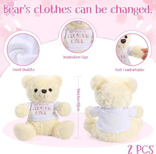 Miniatura 2 de Jexine 2 piezas de peluche de oso de boda de 10 pulgadas con texto en inglés "Will You Be My Flower Gril Bear Bearer", anillo de propuesta de regalo