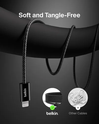 Miniatura 4 de Belkin Cable USB C con conector Lightning, 6.6 pies, cable de carga rápida suave, flexible, cable de carga Lightning para iPhone 14 y series Negro