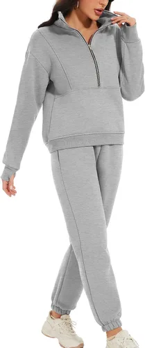 Miniatura 3 de PEHMEA Conjunto deportivo de 2 piezas de otoño para mujer, con forro polar, holgado, manga larga, media cremallera, cómodo conjunto de descanso