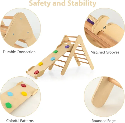 Miniatura 4 de OLAKIDS Pikler - Juego de triángulos 3 en 1, juguetes de escalada para niños pequeños, madera Montessori Baby Jungle Gym con rampa, escalera