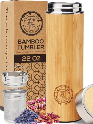 Miniatura 10 de LeafLife Botella de Té de Bambú Premium para Té Suelto - Botella Infusora de Té - Regalos de Té - Botella de Agua Aislada/Vaso de Café/Té - Set