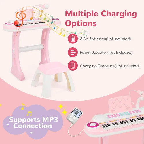 Miniatura 7 de Costzon Piano de teclado de juguete para niños de 37 teclas con patas desmontables, banco, partitura de música, luz flash, canciones MP3 integradas